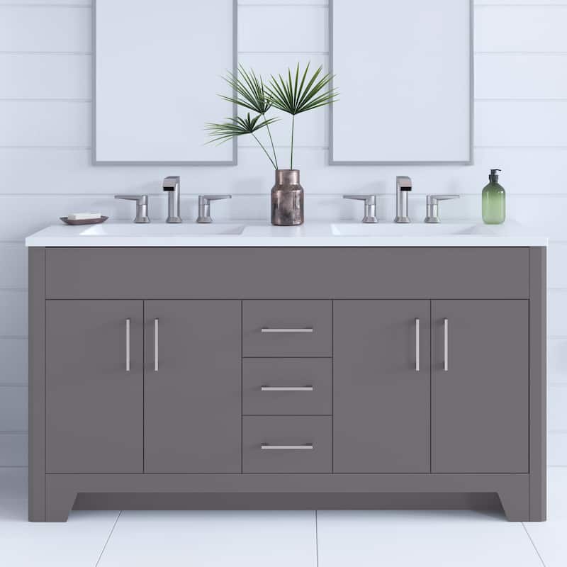 Spring Mill Cabinets Salil 60" Double-Sink Vanity With 2 Cabinets, 3 Drawers, and White Sink Top - Cement
