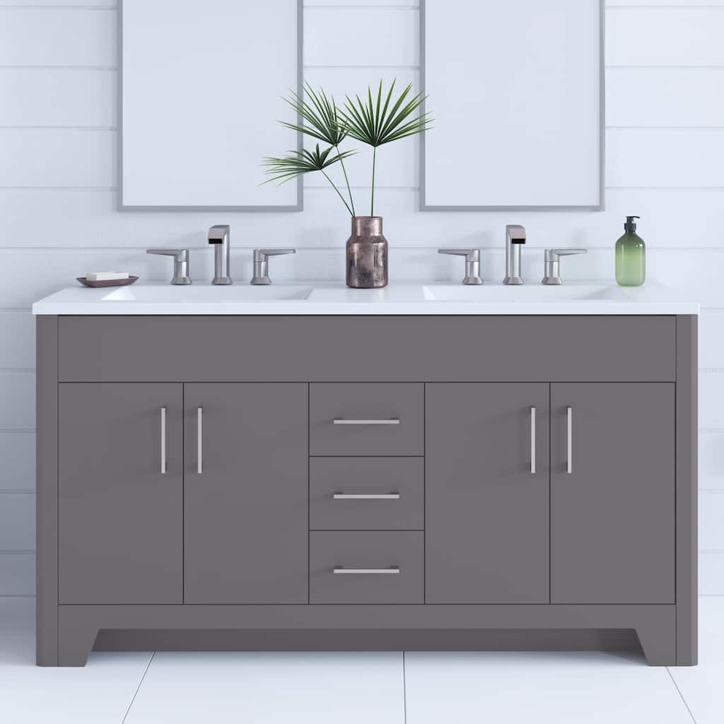 Spring Mill Cabinets Salil 60" Double-Sink Vanity With 2 Cabinets, 3 Drawers, and White Sink Top
