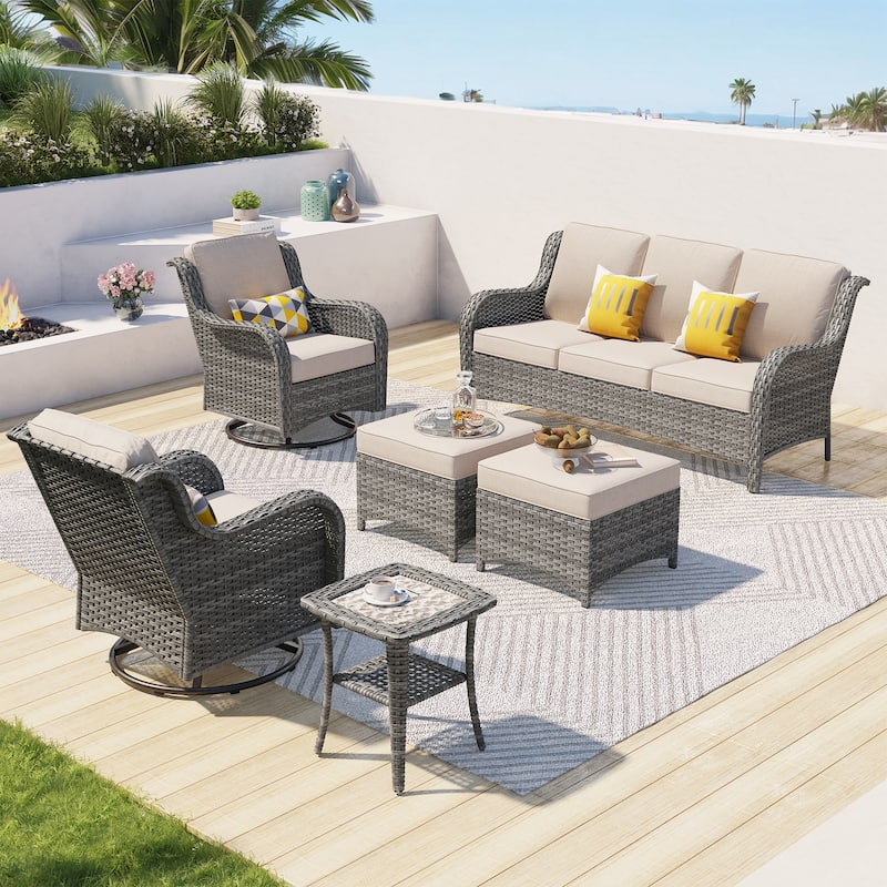 OVIOS 6-piece Patio Wicker Conversation Set with Swivel Chairs
