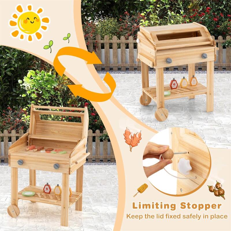 Kids Wooden BBQ Grill Playset with Accessories Side Trays and Storage Natural Pretend Outdoor Cooking Toy