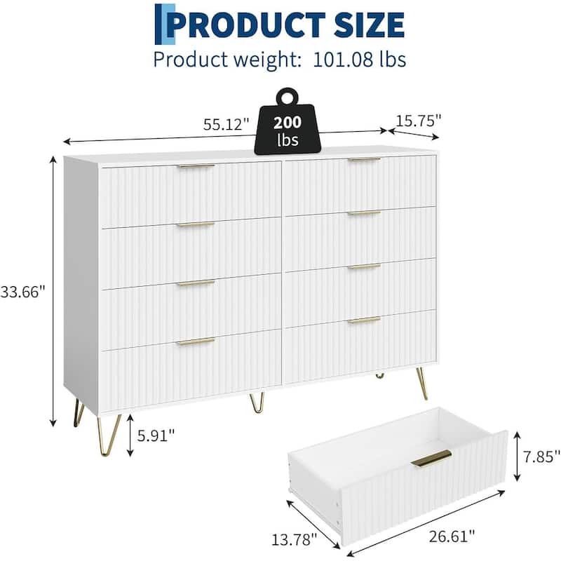 55" Wide Modern Fluted Dresser for Bedroom with 8 Drawers