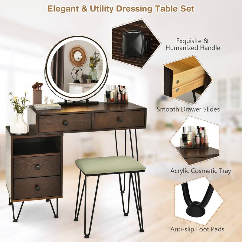 Costway Vanity Table Stool Set Dimmer LED Mirror Large Storage Cabinet - See details