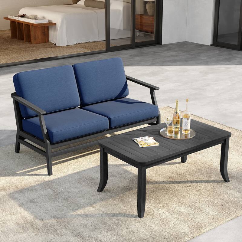 Outdoor Loveseat Sofa with Coffee Table Teak Wood Patio Furniture