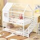 preview thumbnail 1 of 7, White Wooden Twin House Bed with Stairs and Roof for Kids White