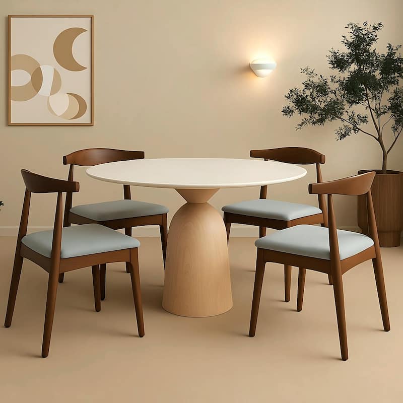 Mid Century Dining Room Chairs Set of 2, Wood and Fabric Upholstered Floor Dining Chairs