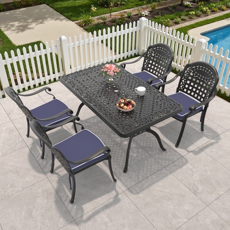 5/7-Piece Cast Aluminum Outdoor Dining Set with 59.06'' L X 35.43'' W Rectangular Table and Seat Cushions - Black(5-Piece Sets-B)
