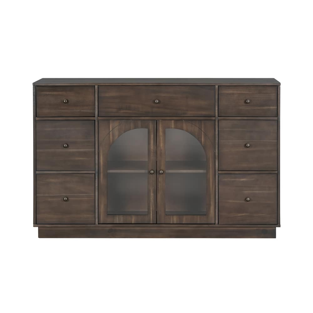 Cabinet with 2 Doors & 7 Drawers, Multi-Functional Wood Storage Cabinet, Entryway Accent Cabinet with Adjustable Shelves