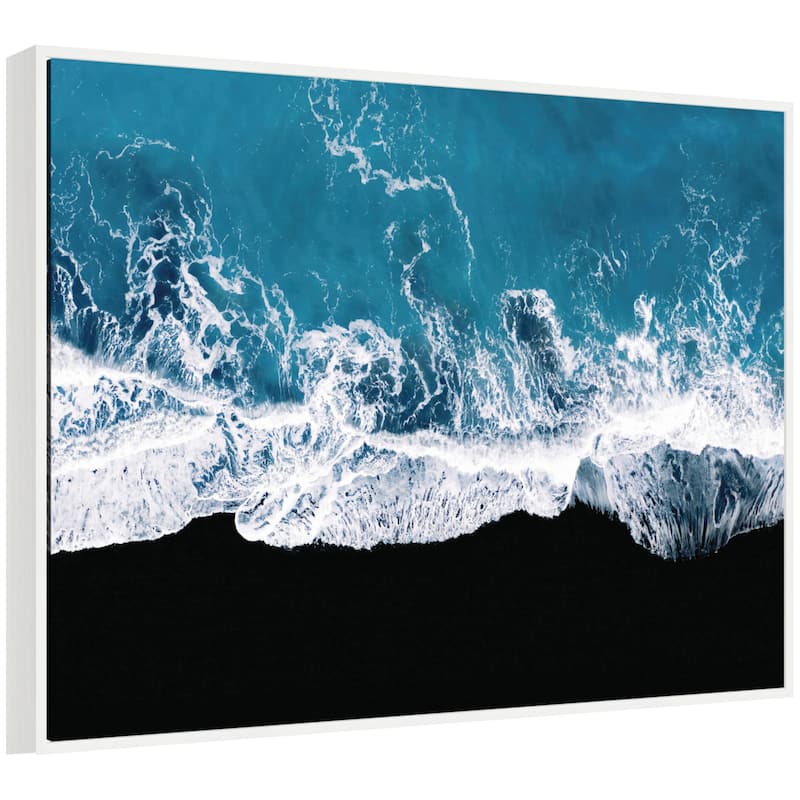 Kate and Laurel Sylvie Minimalist Ocean Waves on the Black Beach in Iceland Framed Canvas by Michael Schauer - 42x32 - White