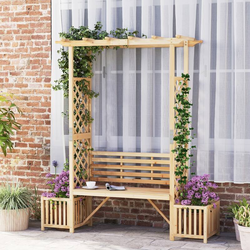 Natural Fir Wood Garden Arbor Bench with Trellis Planter Boxes - 73" x 22" x 80"