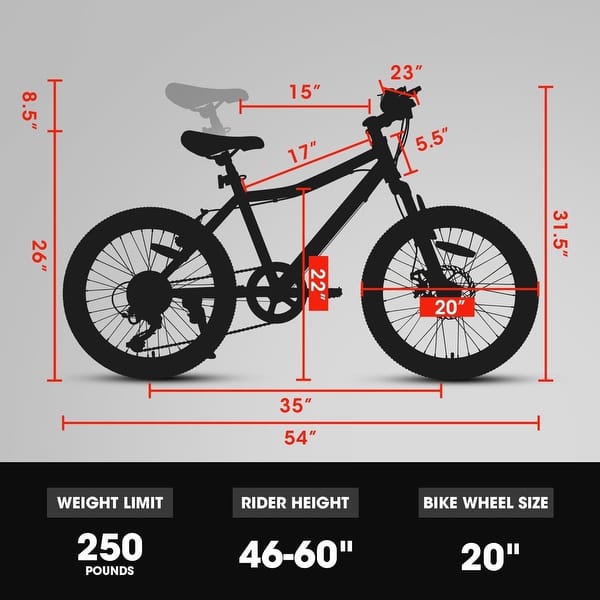 20 Inch Kids Mountain Bike, 14 Inch Height Carbon Steel Frame, 7-Speed With Front Disc Brake And Rear V-brake
