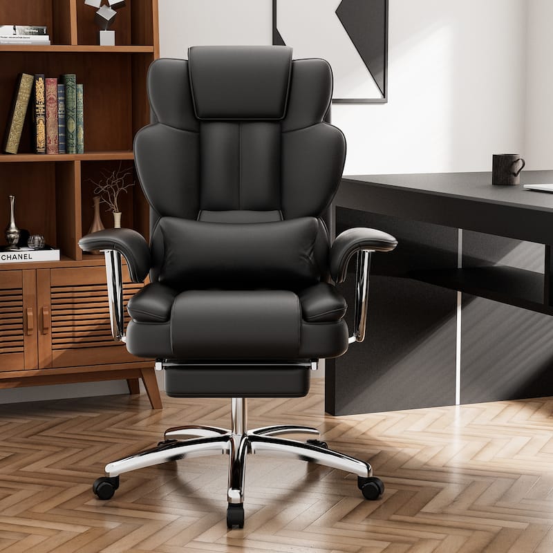 Ergonomic Reclining High Back PU Office Chair with Footrest - Black