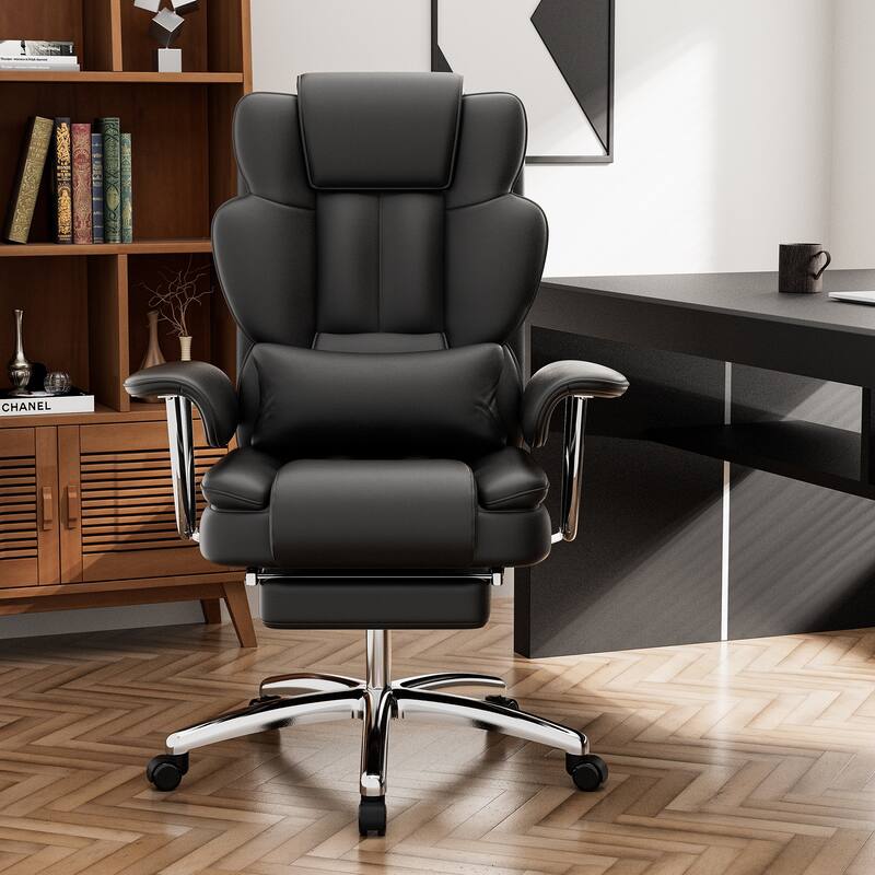 Large Home High Leg Executive Office Chair Ergonomic Recliner Leather Computer Chair with Footrest, for Home Office - Black
