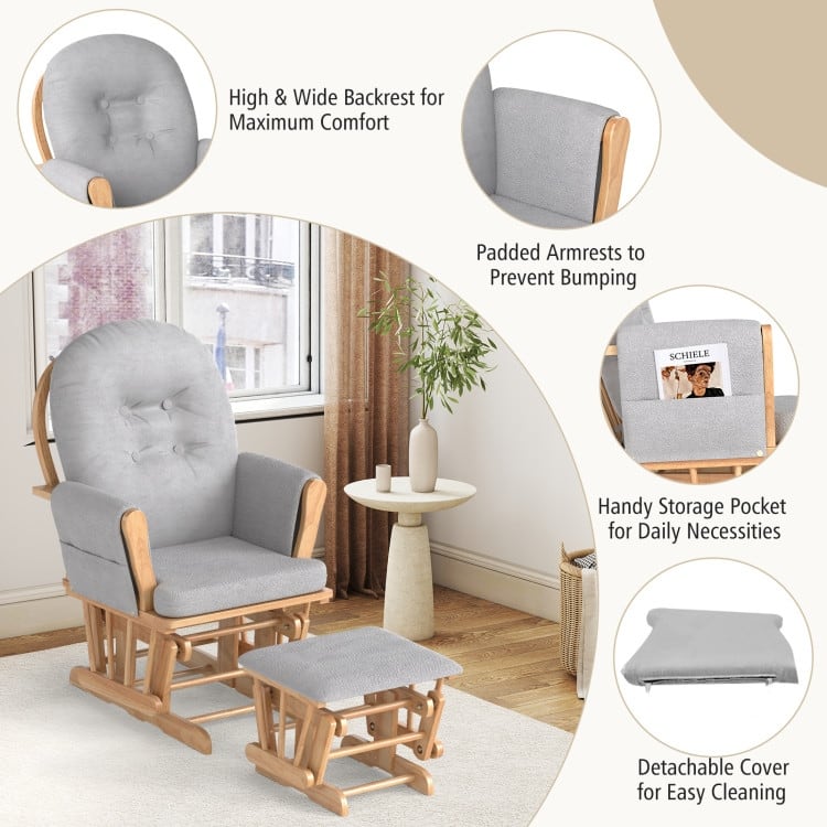 Solid Wood Gliding Chair Set with Pockets and Ottoman for Relaxing