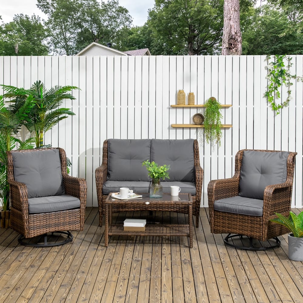 Outsunny 4 Piece PE Wicker Patio Furniture Set, Conversation Set with 2 360° Swivel Rocking Armchairs, 1 Loveseat Sofa - N/A
