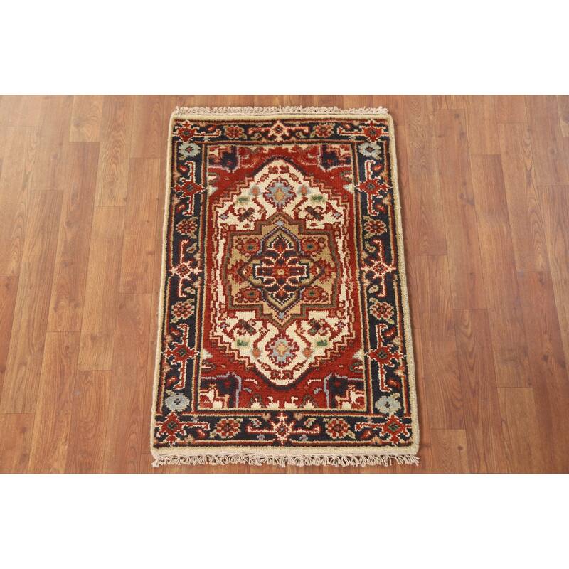 Hand Knotted Oriental 100% Wool Carpet Traditional Medallion Beige & Ivories Heriz (serapi) Area Rug - 3' 0'' X 2' 0''