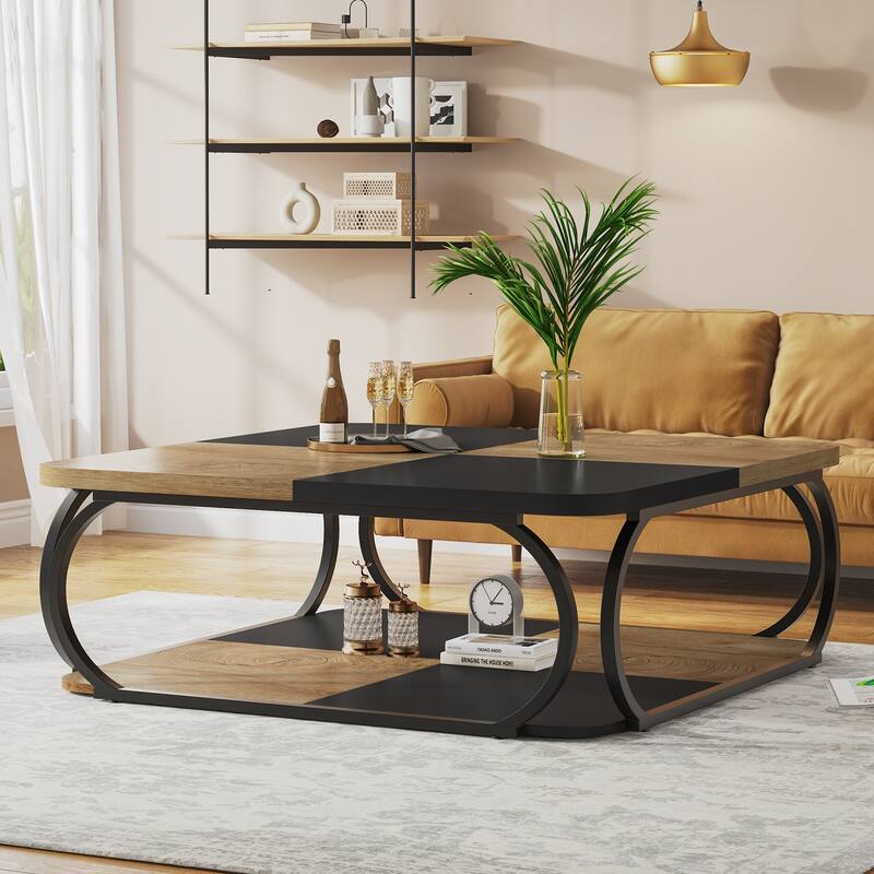 39'' 2-Tier Square Coffee Table with Metal Frame for Living Room