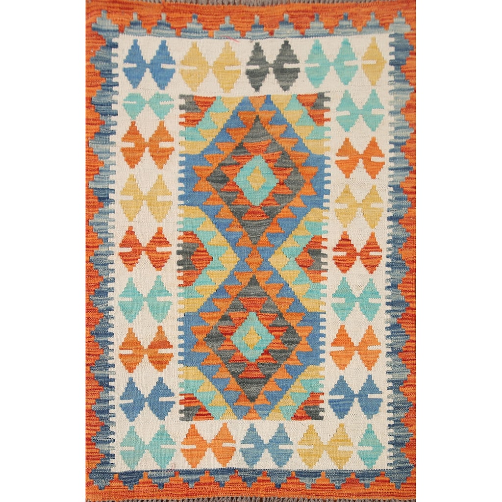 Hand Woven Oriental 100% Wool Carpet Southwestern Geometric Multi-Colored Kilim Area Rug - 3' 8'' X 2' 7''