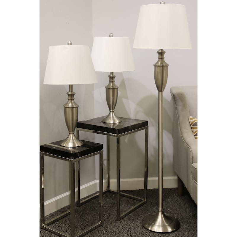 StyleCraft Brushed Steel Table and Floor Lamp - Geneva Off-White Hardback Fabric Shade (Set of 3)