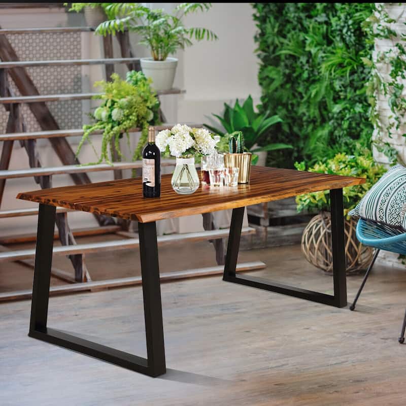 Gymax Rectangular Acacia Wood Dining Table Rustic Indoor &Outdoor - Brown + Black - See Details