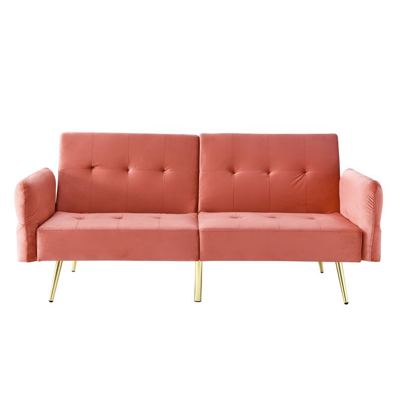 Velvet Futon Sofa Bed with Folded Armrests