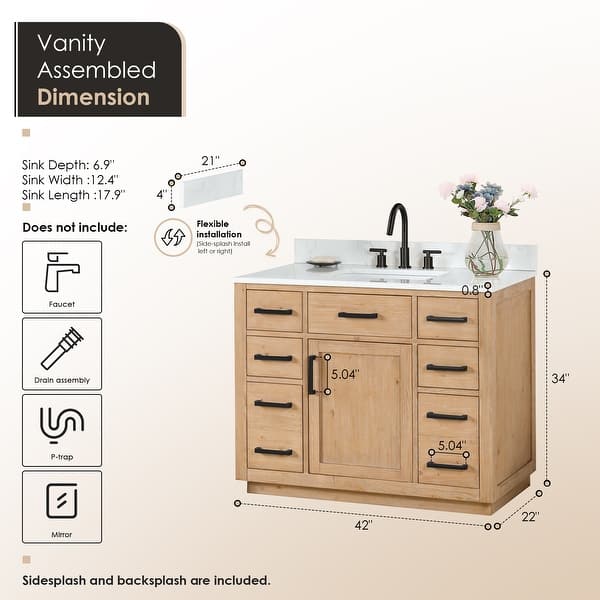 dimension image slide 5 of 21, Altair Gavino Bath Vanity with Grain White Composite Stone Top, no Mirror