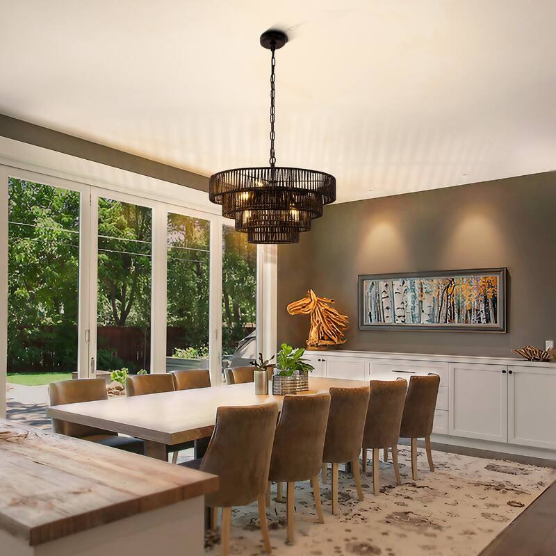 YANSUN Boho Chic 4-Tiered Chandelier 6-Light Pendants with 6 Black Metal Arms & Rattan Shades,19.69"Diameter,E12 Base