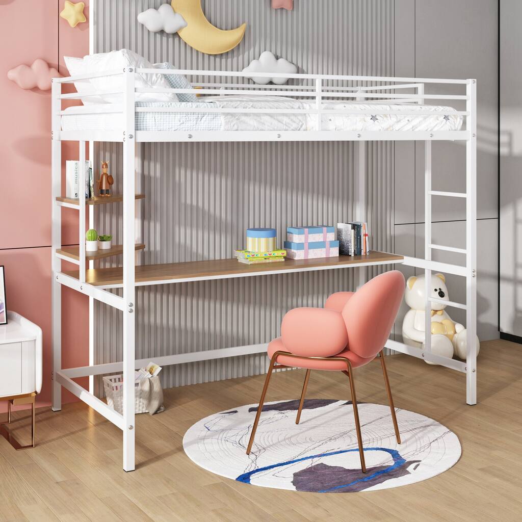 Modern Twin Metal Loft Bed with Desk and Shelve