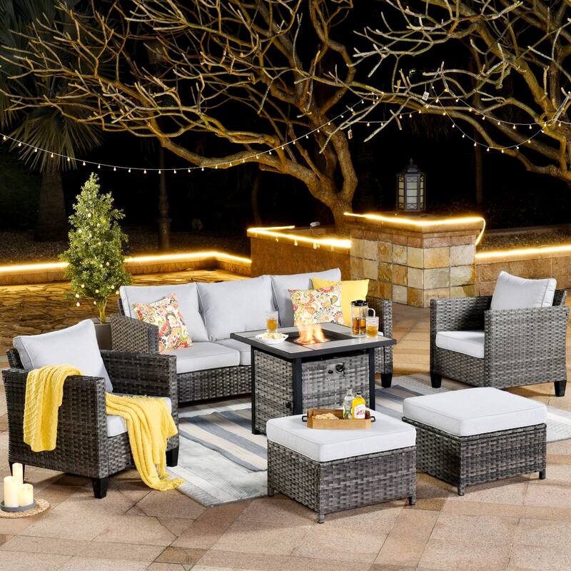 OVIOS 6-piece Patio Outdoor Wicker Conversation Set With 30" Fire Pit