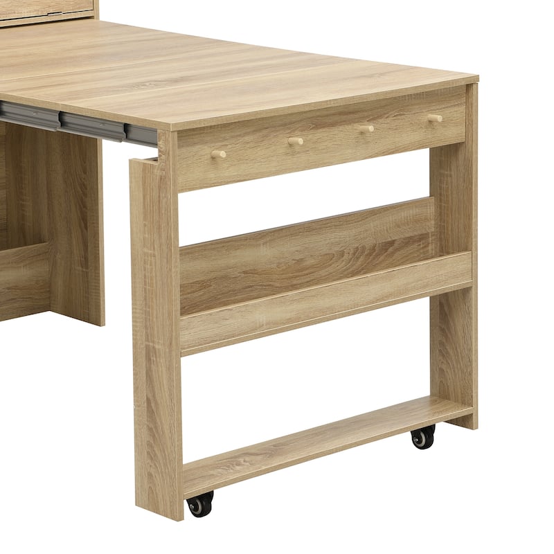 Multifunctional Buffet Hutch and Foldable Dining Table with Storage Unit and Rolling Wheels for Small Spaces