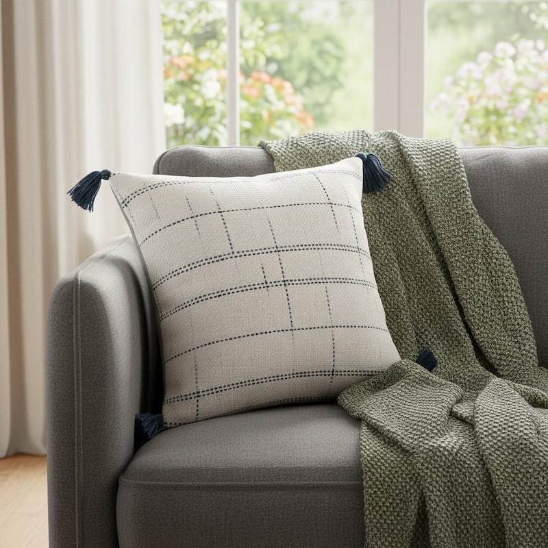 20" Ivory and Blue Throw Pillow - Polyester - 20.00 in. x 20.00 in.  x 4.00 in. - Pillow Sets - Blue/Ivory