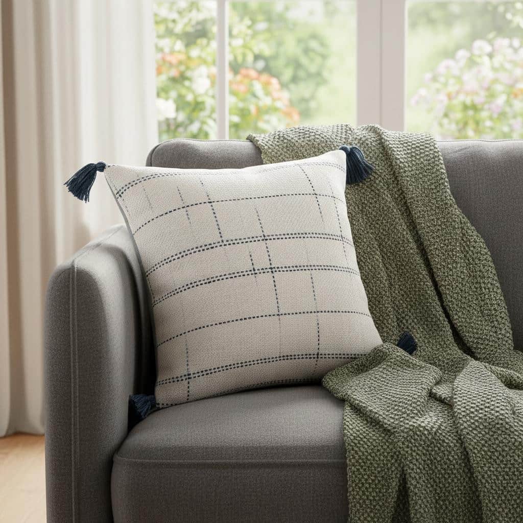 20" Ivory and Blue Throw Pillow