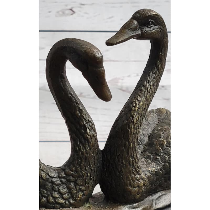 Pair Of Swans Romantic Love Bronze Sculpture Statue Figure Decor On Marble Base Signed Milo