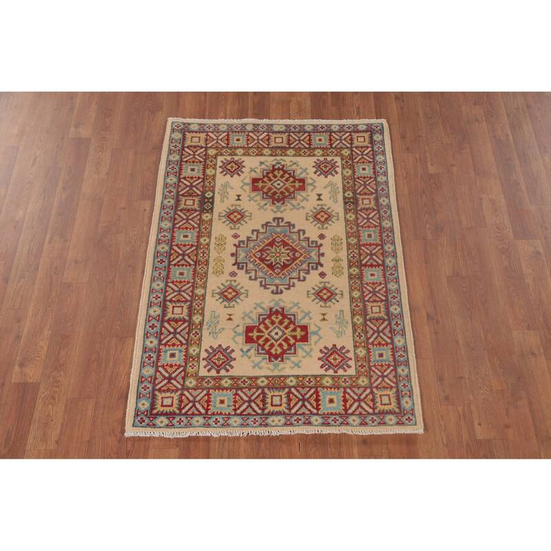 Geometric Kazak Foyer Rug Hand-Knotted Wool Carpet - 2'10" x 4'1"