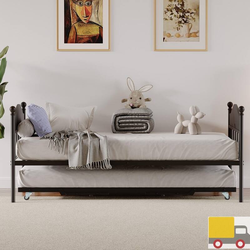 Twin Metal Daybed with Pop-Up Trundle, Lockable Casters