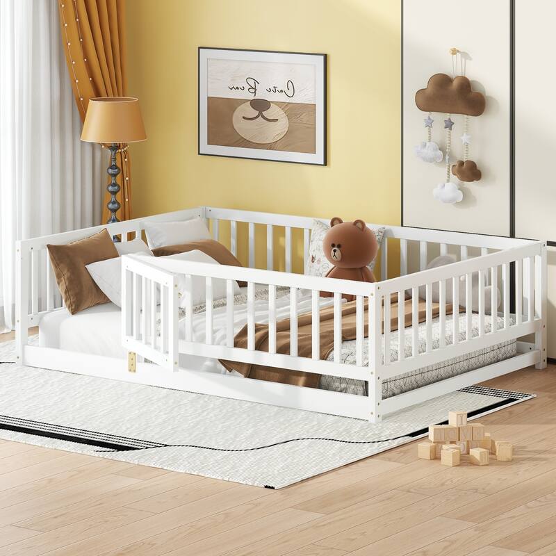 Full Size Floor Bed with Slats, Montessori Floor Bed with Fence and Door, Kids Montessori Bed Full Size, Wood Floor Bed - White