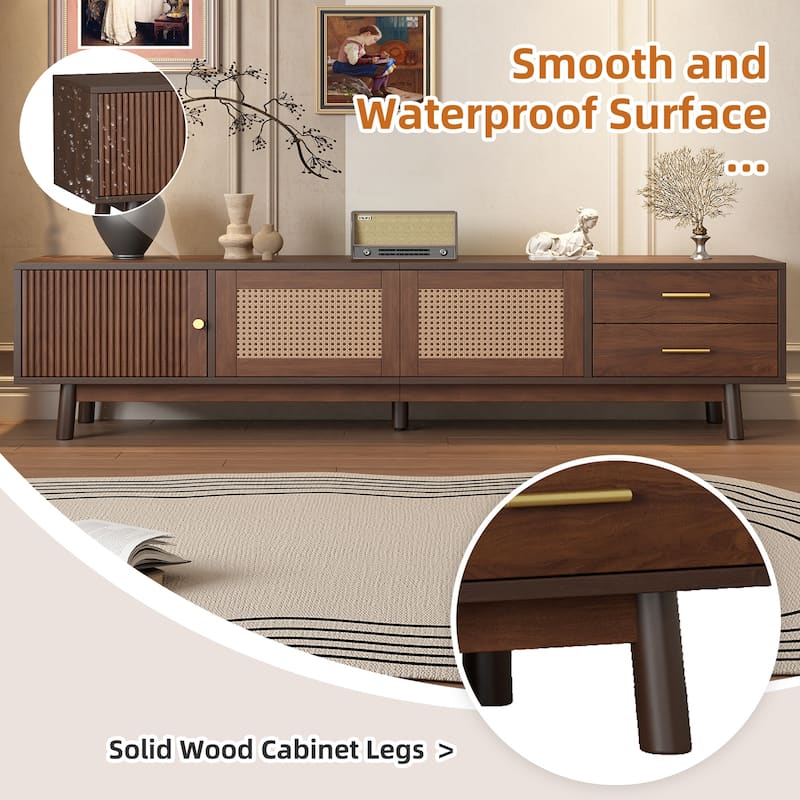 Wooden TV Stand for 80" TVs, TV Media Storage Cabinet with Rattan Sliding Doors and 2 Drawers, Rectangle TV Table Console