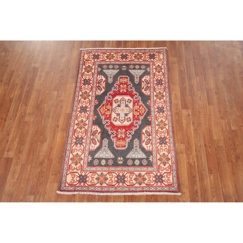 Geometric Kazak Oriental Accent Rug Handmade Grey Wool Carpet - 3'1" x 5'1"