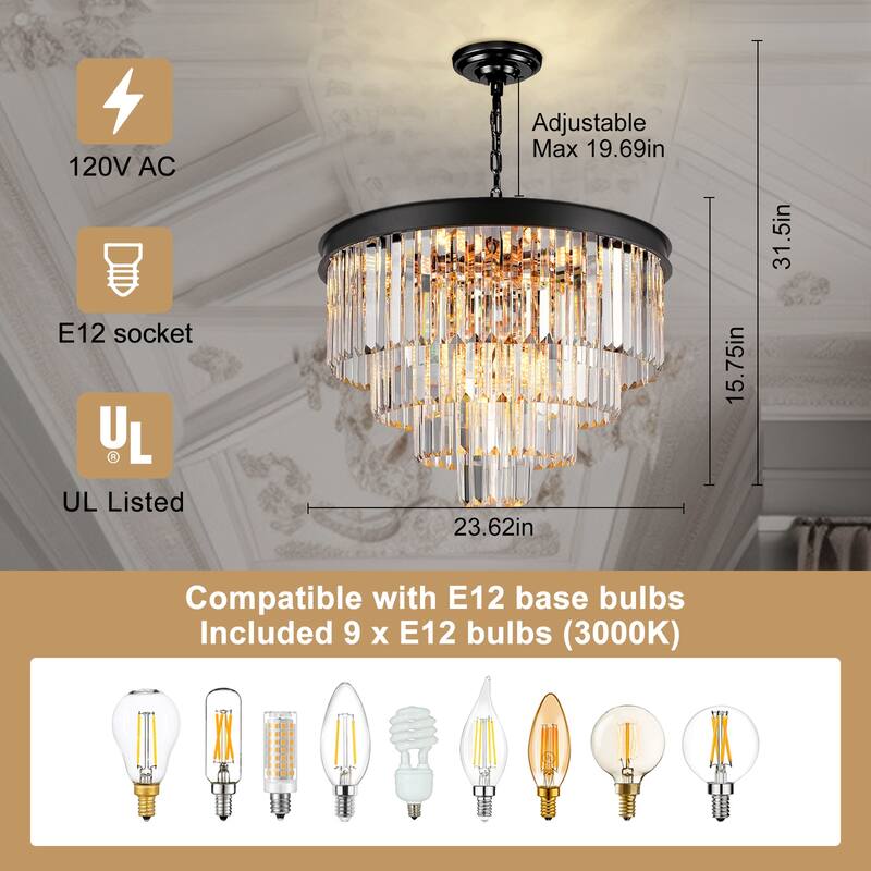 Modern Crystal Chandelier, Black Luxury Adjustable Pendant Light for Living Room(Bulbs Included)
