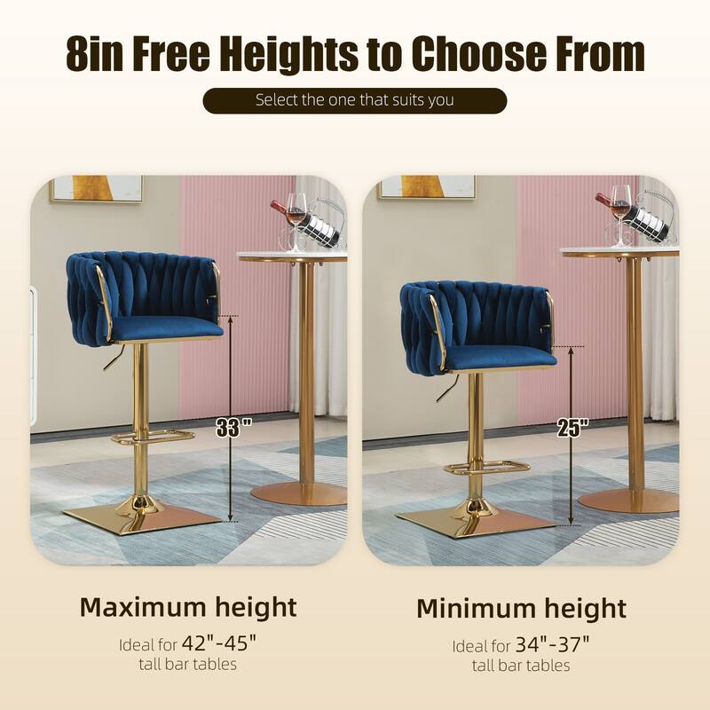 Velvet Upholstered Swivel Adjustable Height Bar Stools With Metal Footrest（set of 2）