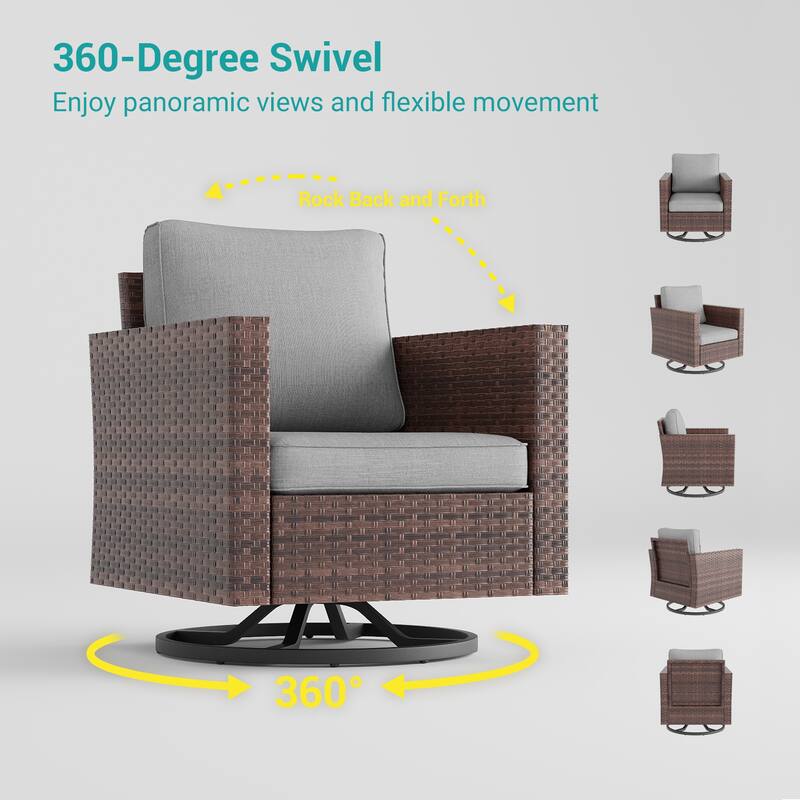 BONOSUKI 3Pcs Patio Swivel Rocking Sofa Set Brown Rattan w/Glass Table