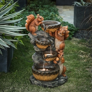 Resin Squirrel Acorn Family Outdoor Fountain with LED Lights On