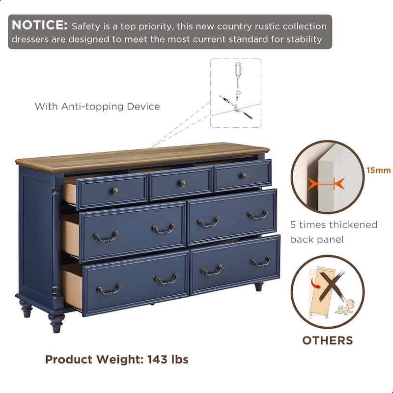 Farmhouse 7 Drawers Dresser, Vintage Chest of Drawers for Living Room