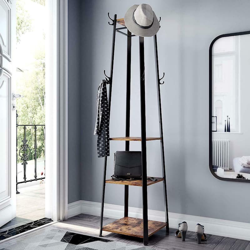 8 Hook Free Standing Coat Rack With Storage Shelves Entryway Hall Tree - 17x17x71.3inch
