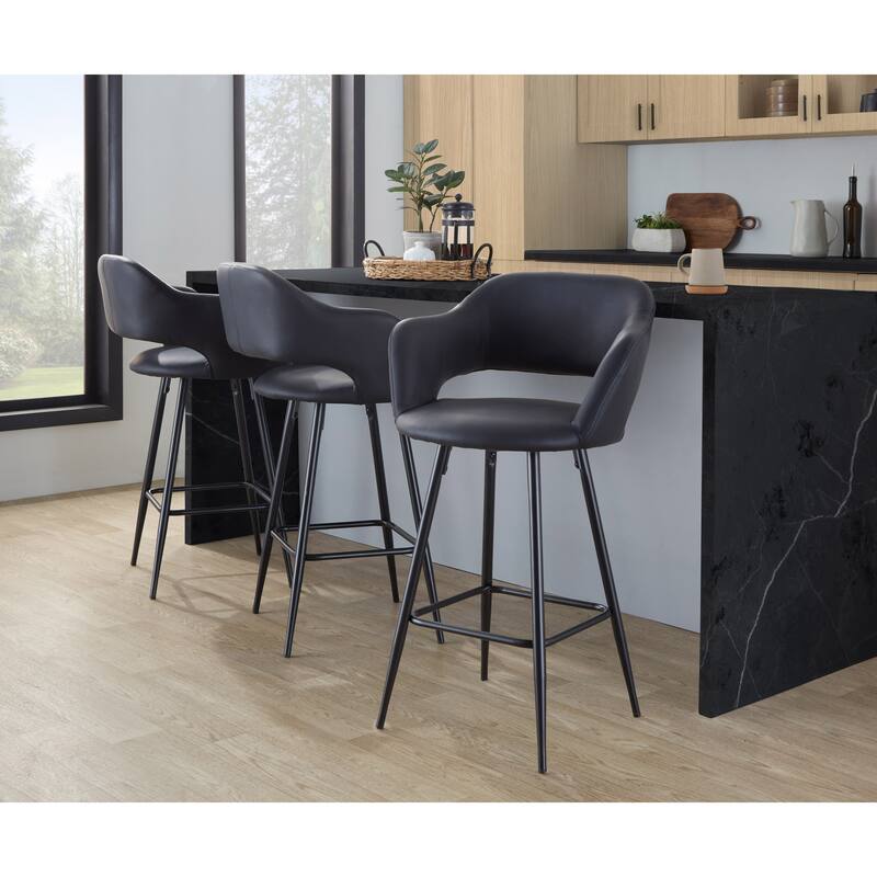 Porch & Den Vallen 26" Fixed-Height Faux Leather Counter Stool with Metal Legs & Square Footrest (Set of 2)