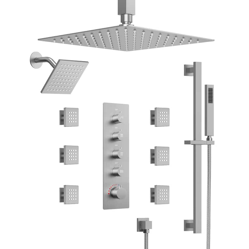 Thermostatic Rainfall Shower System with Handheld Spray, 16" & 6" Dual Shower Head and 6 Body Jets