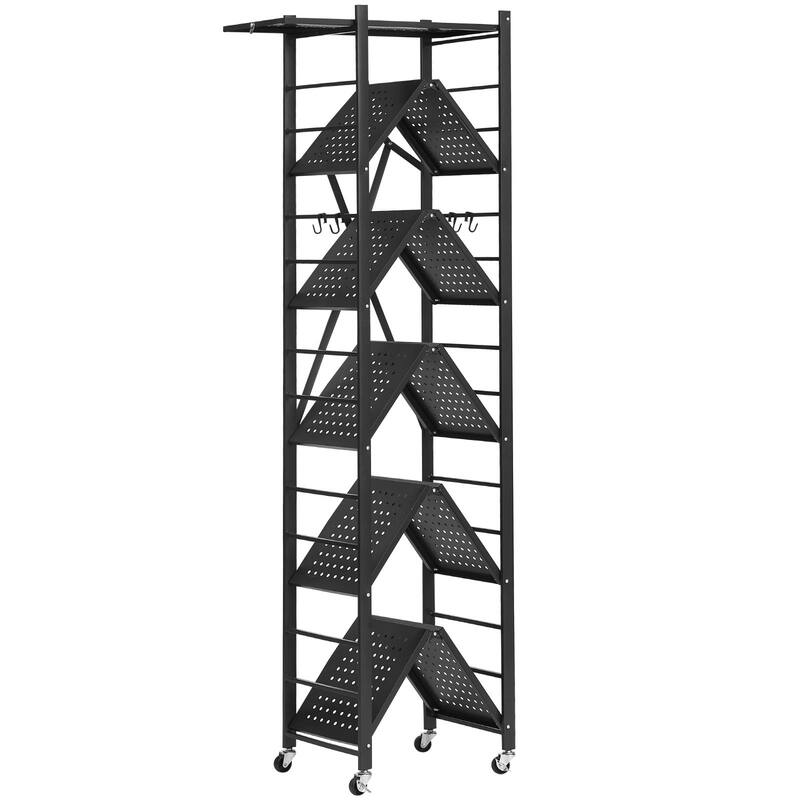 Black Carbon Steel 6 Tier Folding Storage Shelf with Wheels and Space-Saving Design - 12 x 24 x 72 in