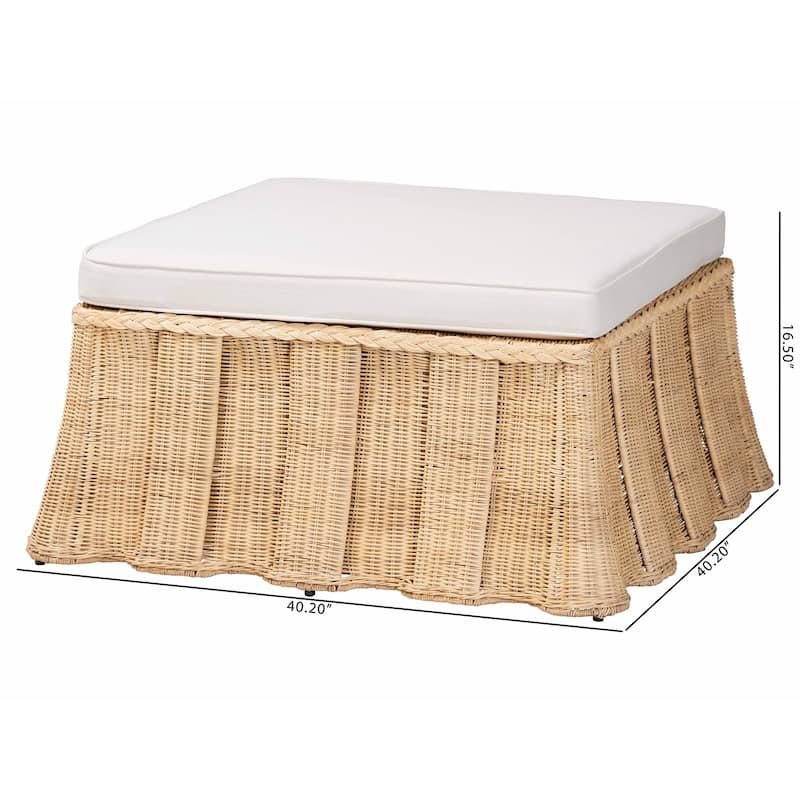 Rotem Natural Rattan Ottoman with Cushion - Handwoven Wicker Pleated Skirt Accent Coffee Table or Extra Seating for Living Room