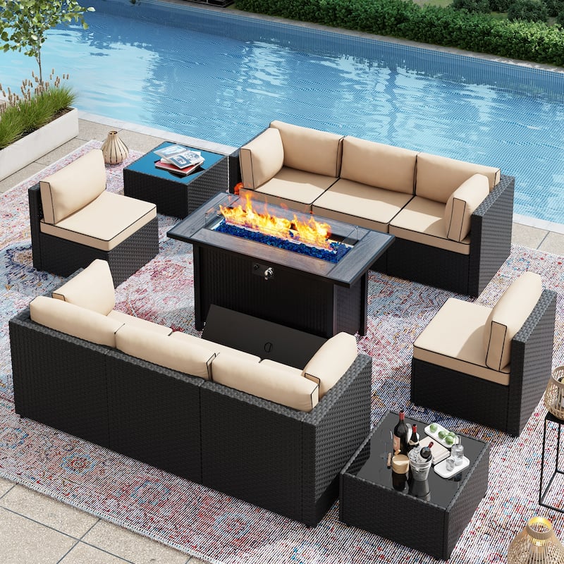 11 Piece Sectional Seating Group with Fire Pit and Cushion - Khaki/Black