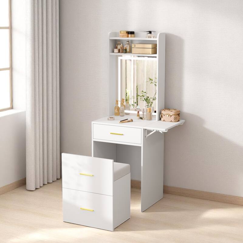 Compact Makeup Vanity Table for Small Spaces - LED Mirror, Fold-Up Panel, Charging Station & Storage Stool