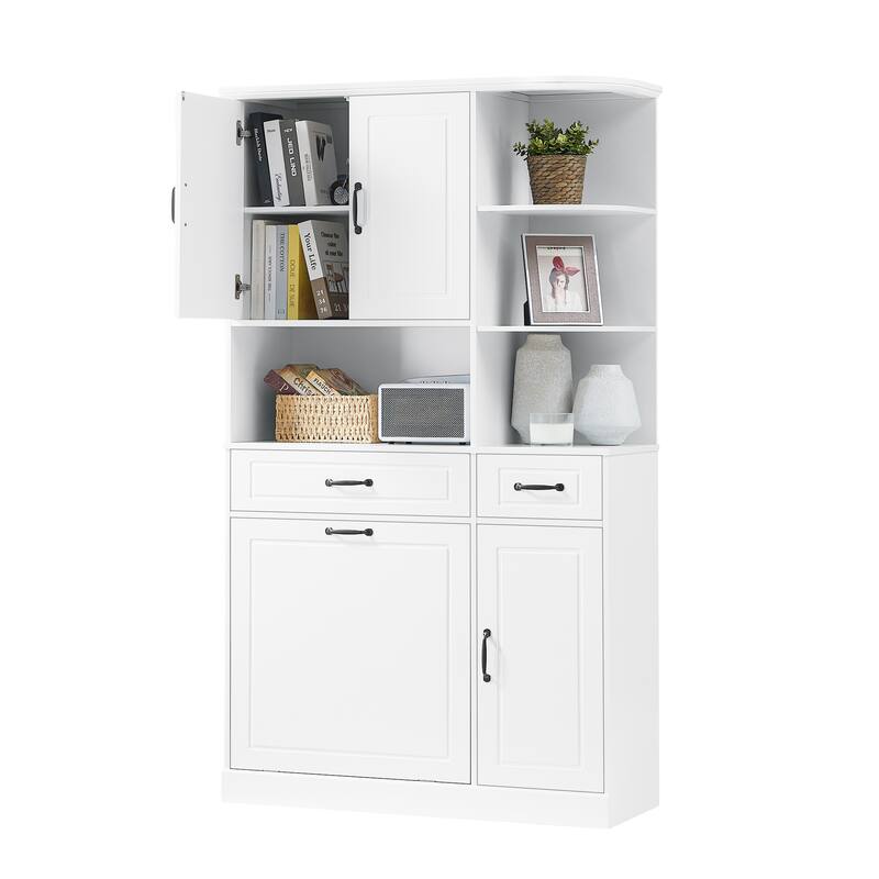 Roomfitters 70" Tall Storage Cabinet with Tilt-Out Hamper, 3 Drawers & Open Shelving, Modern MDF Linen Tower, White